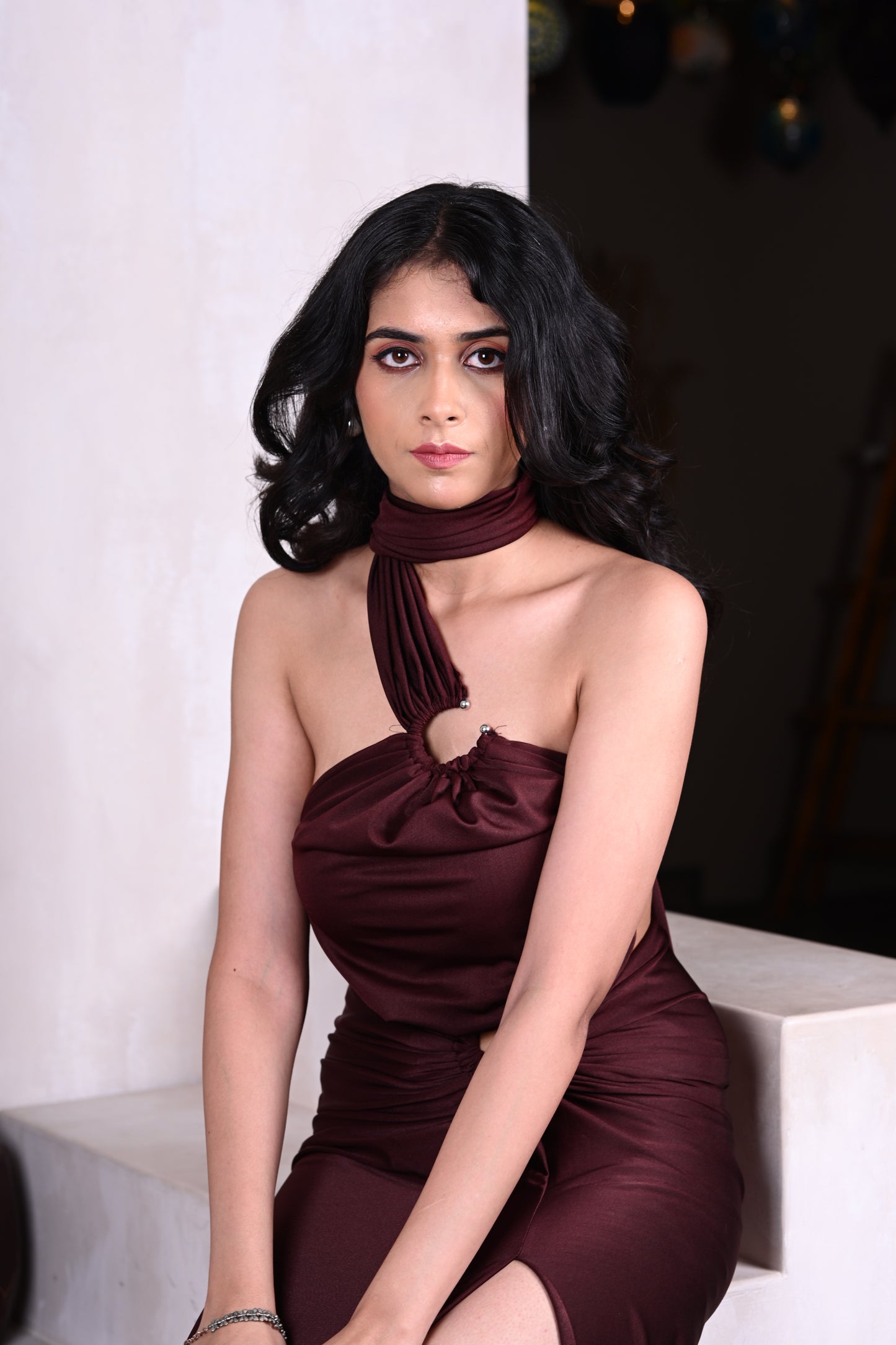 Brown long cut out ring maxi dress