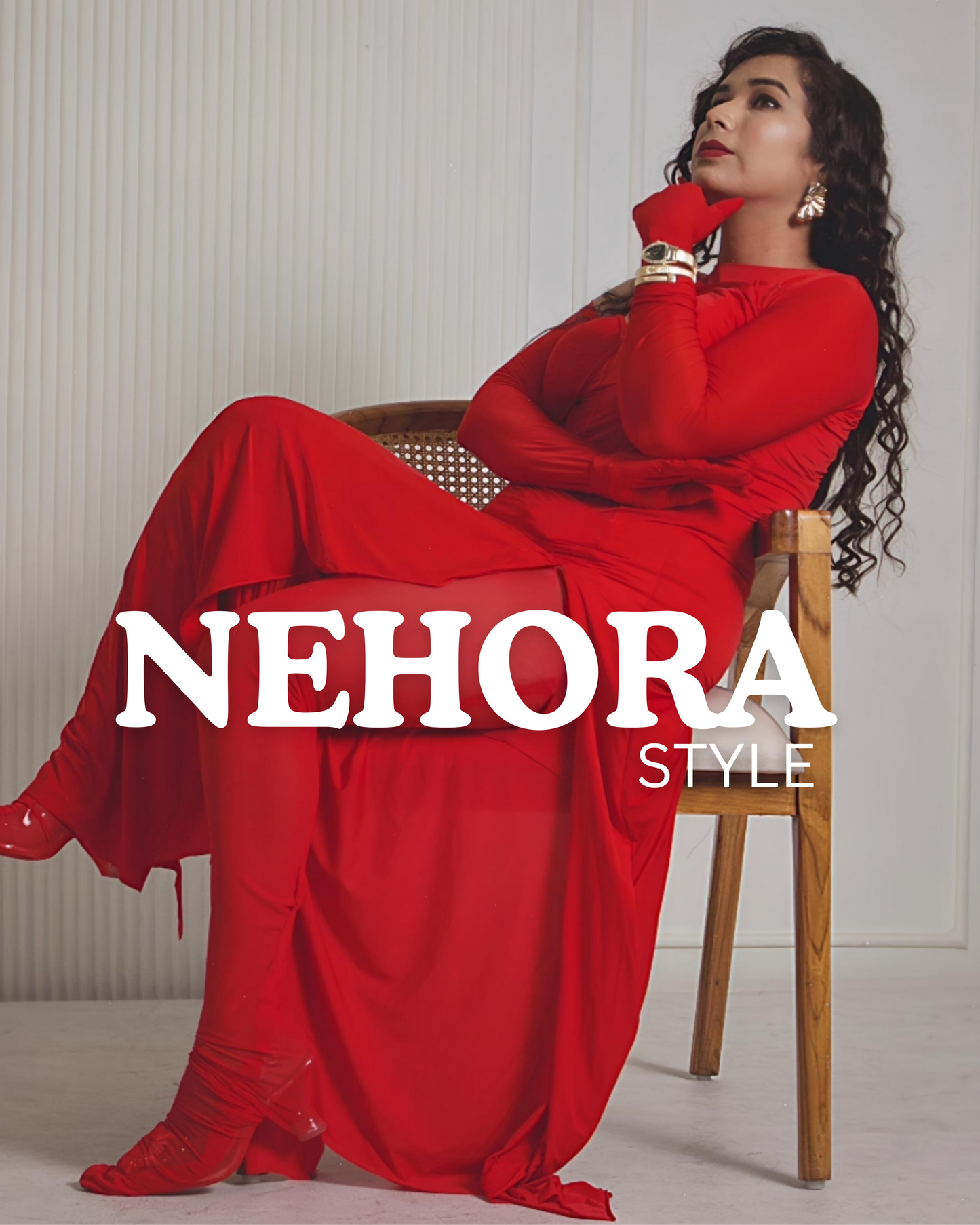 Red premium dress with gloves style sleeves and stockings