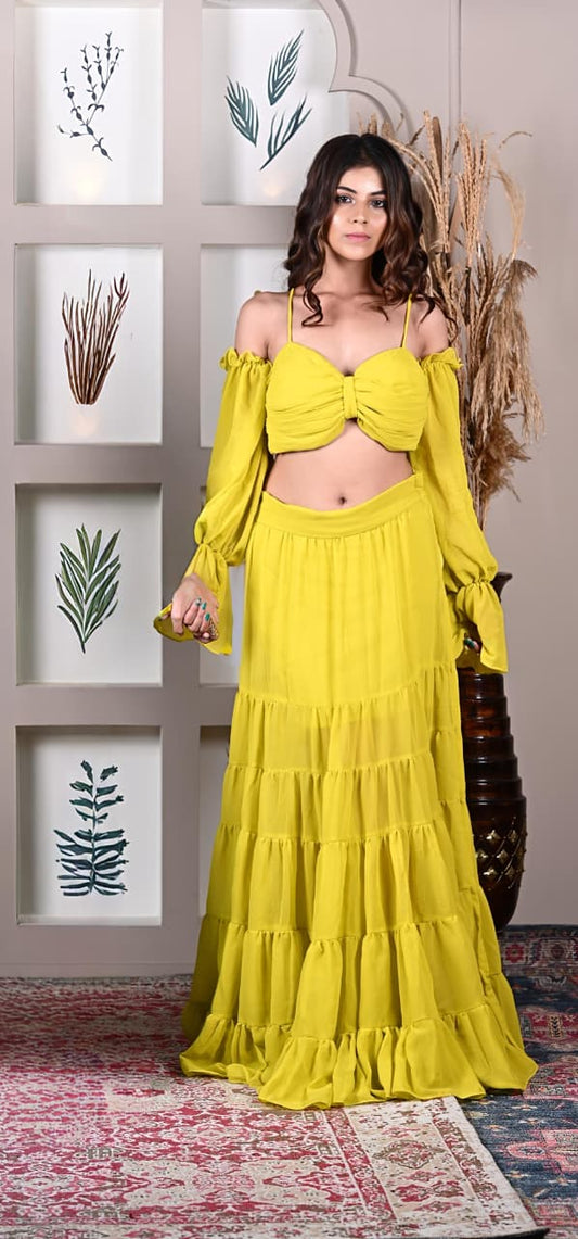 Beachy Three piece set - side slit skirt with top (neon yellow)