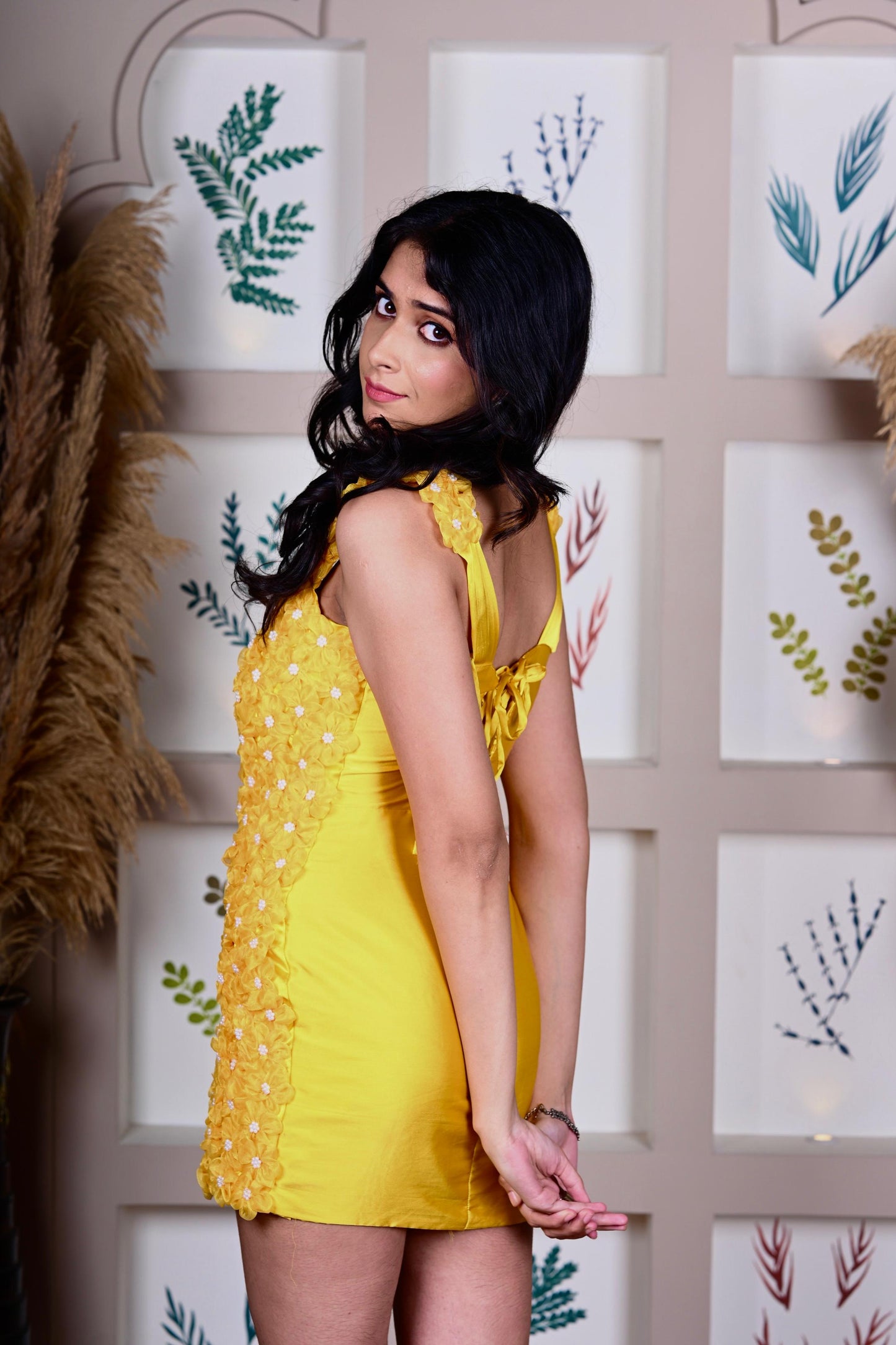 Yellow one side flowers dress