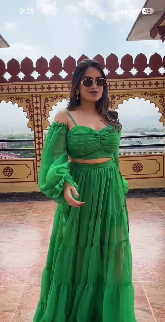 Beachy Three piece set - side slit skirt with top (Green)