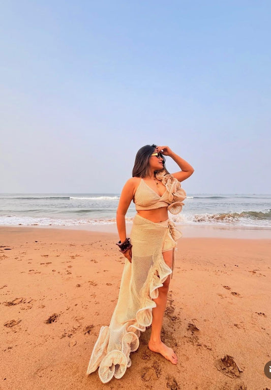 Beachy Crochet three piece set with Bandana- Beige color