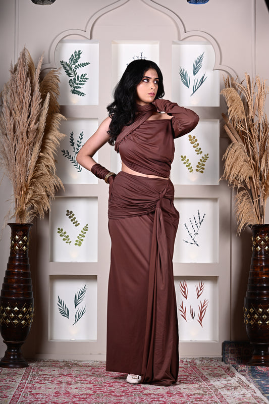 Brown long slit dress with gloves