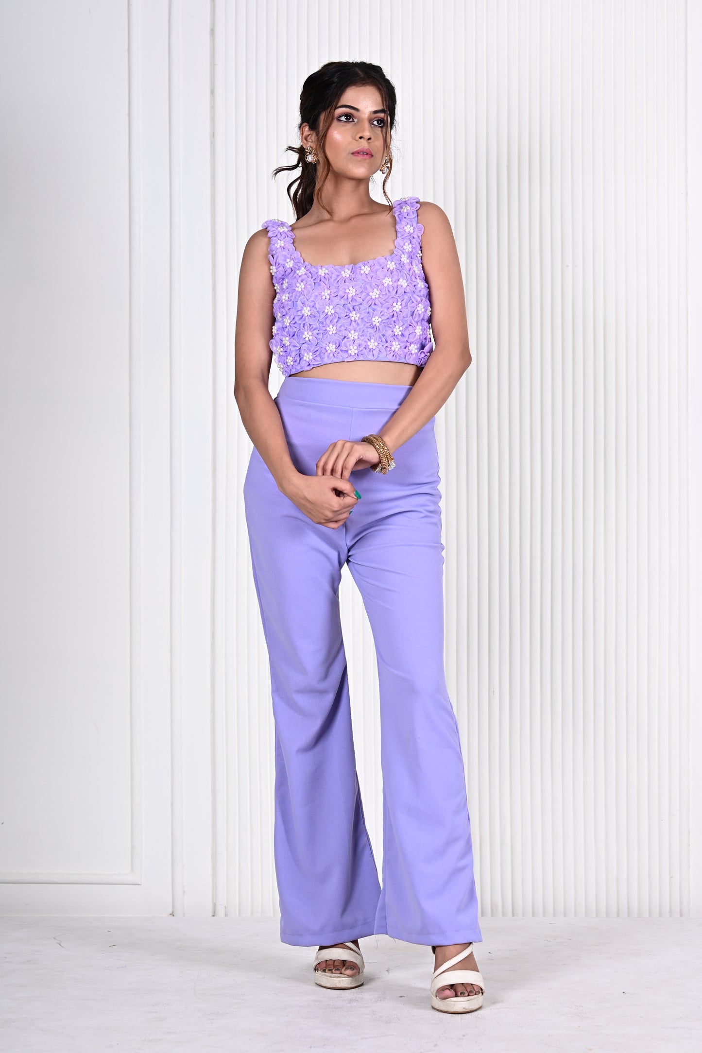 Embellished Organza flower top and pant set - Lavender