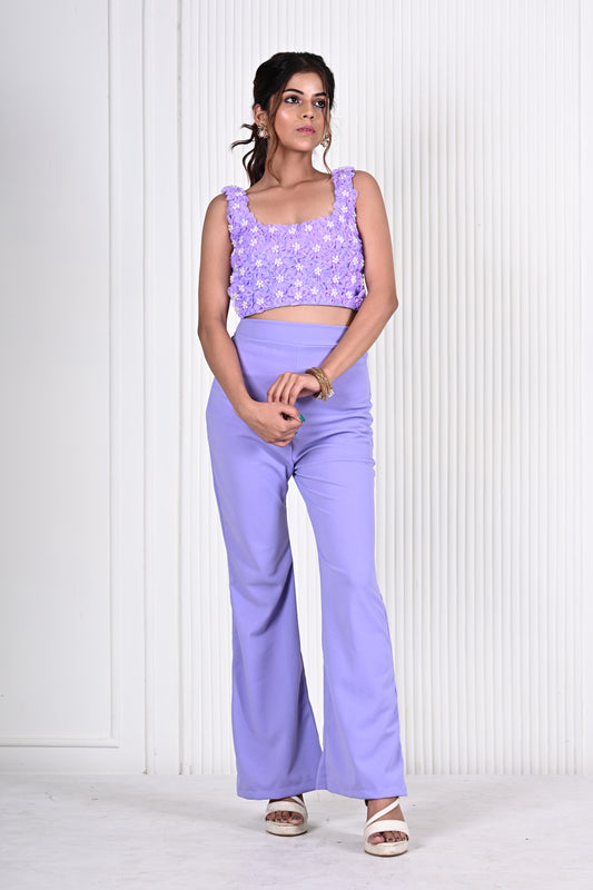 Embellished Organza flower top and pant set - Lavender