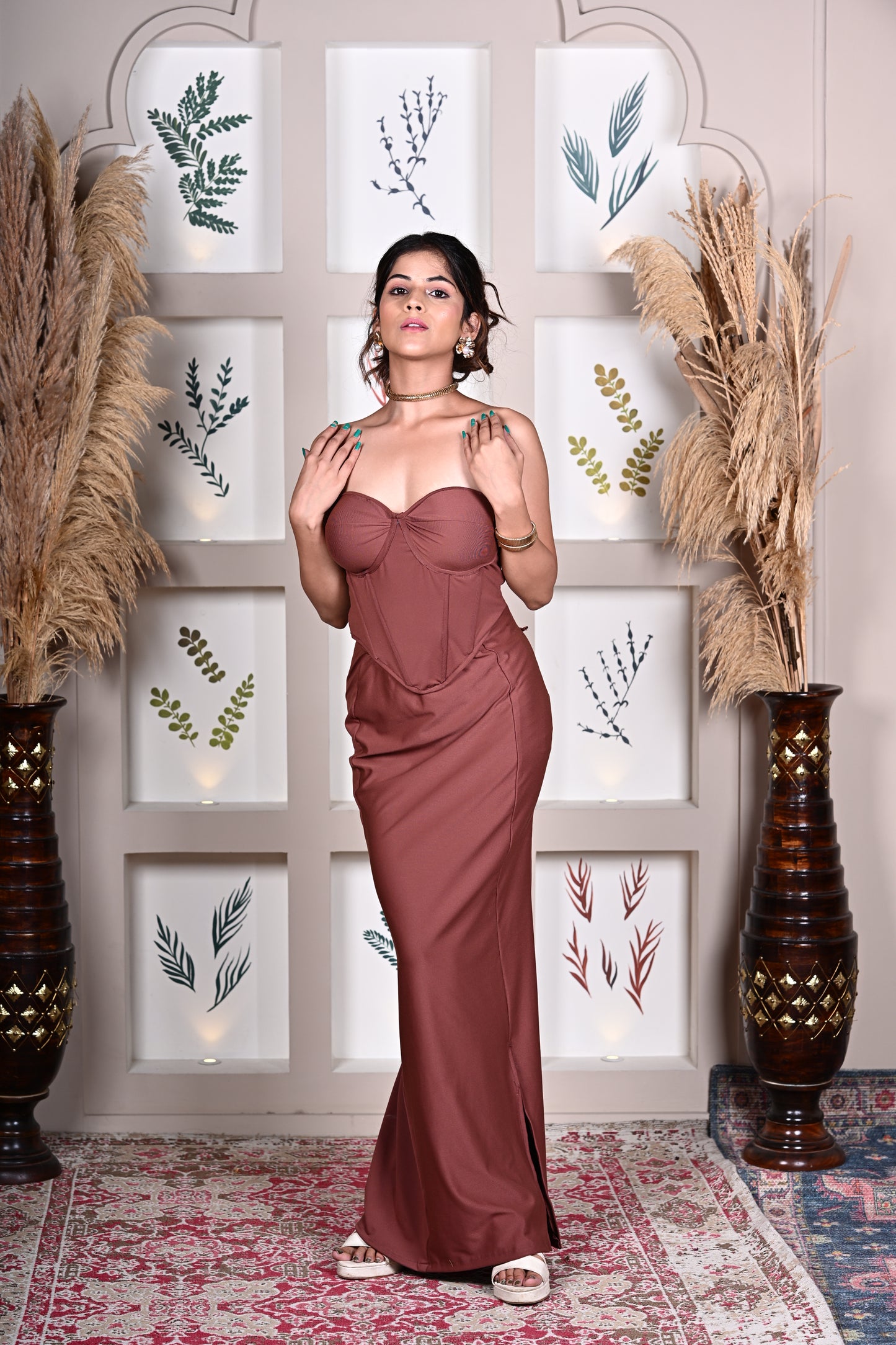 Brown Corset top with long skirt set - Mocha Mousse