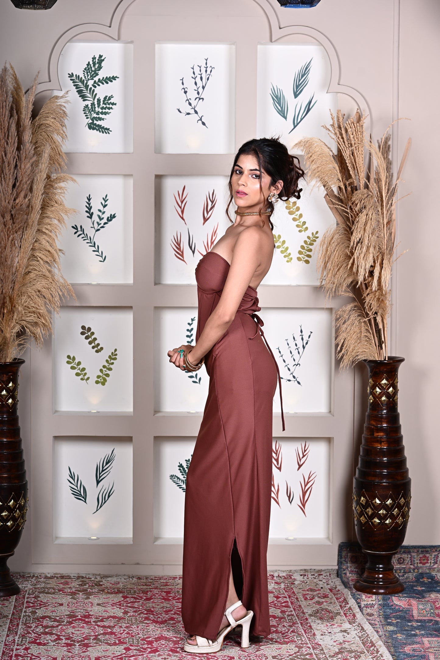 Brown Corset top with long skirt set - Mocha Mousse