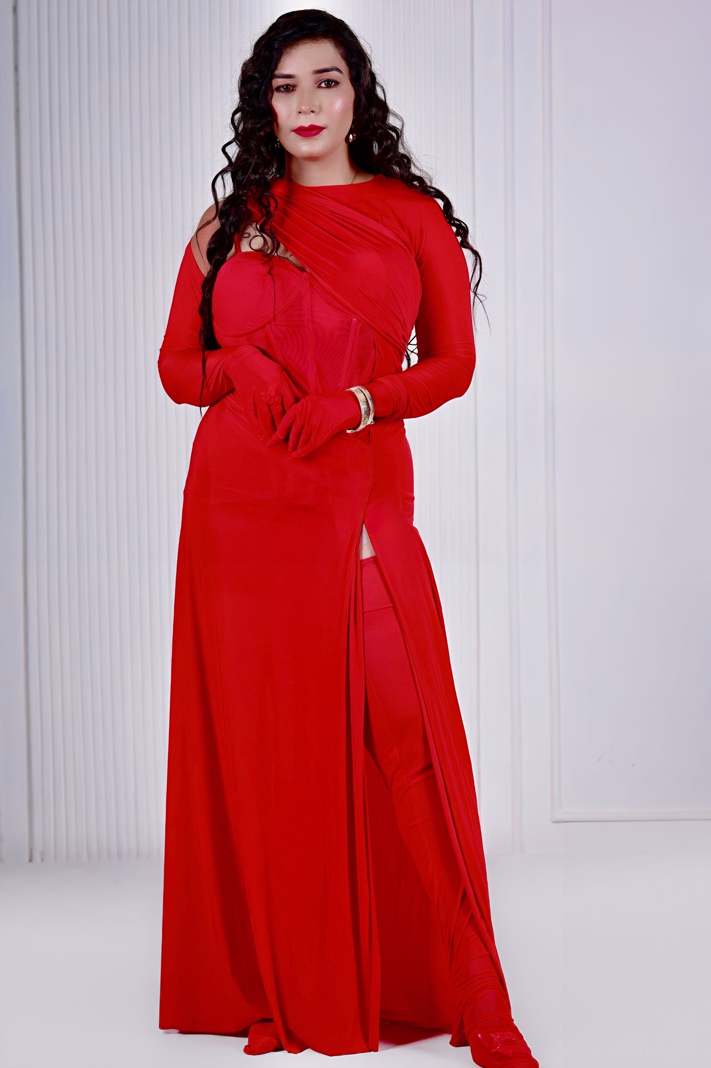 Red premium dress with gloves style sleeves and stockings