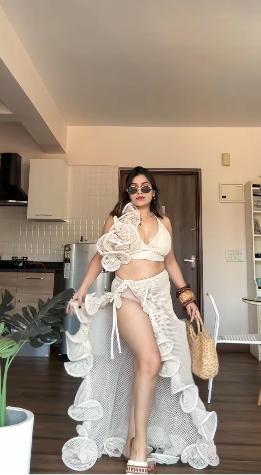 Beachy Crochet three piece set with Bandana-  Beige color