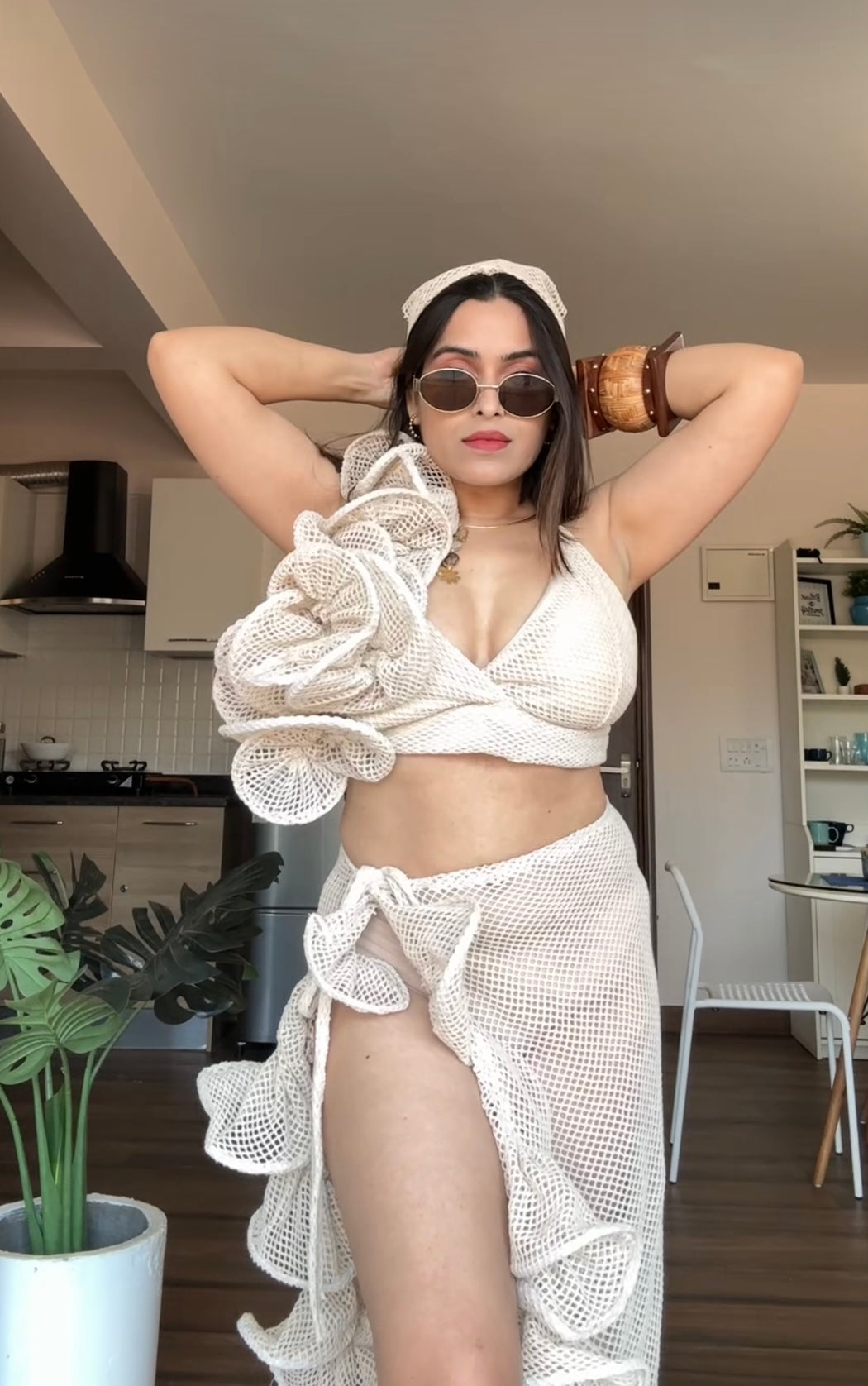 Beachy Crochet three piece set with Bandana-  Beige color