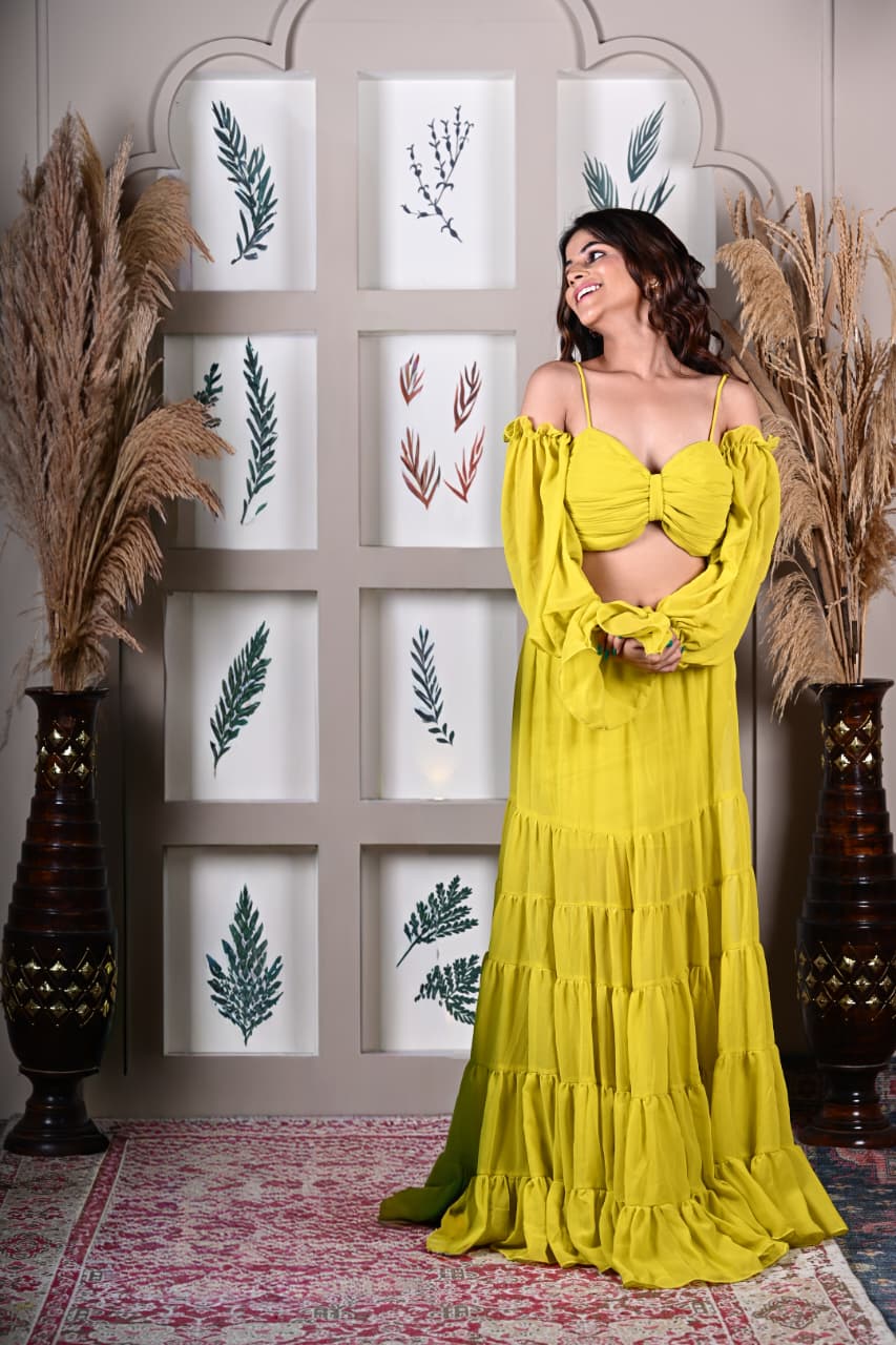 Beachy Three piece set - side slit skirt with top (neon yellow)