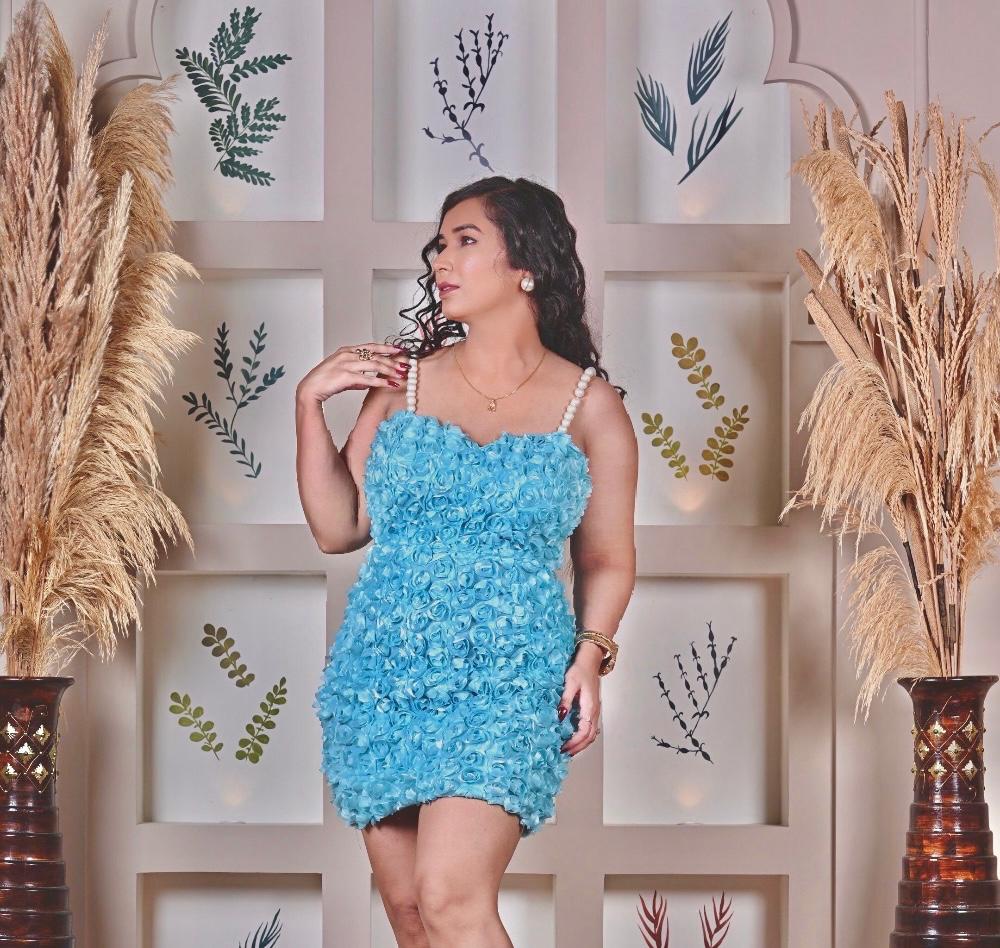 Sky blue satin flowers short dress