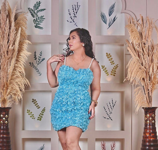 Sky blue satin flowers short dress