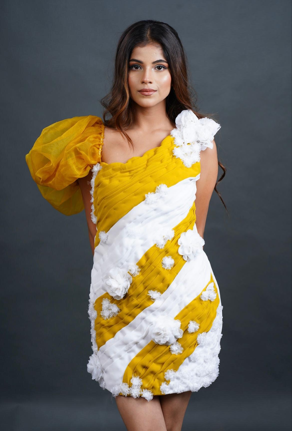Yellow white 3d flowers short dress