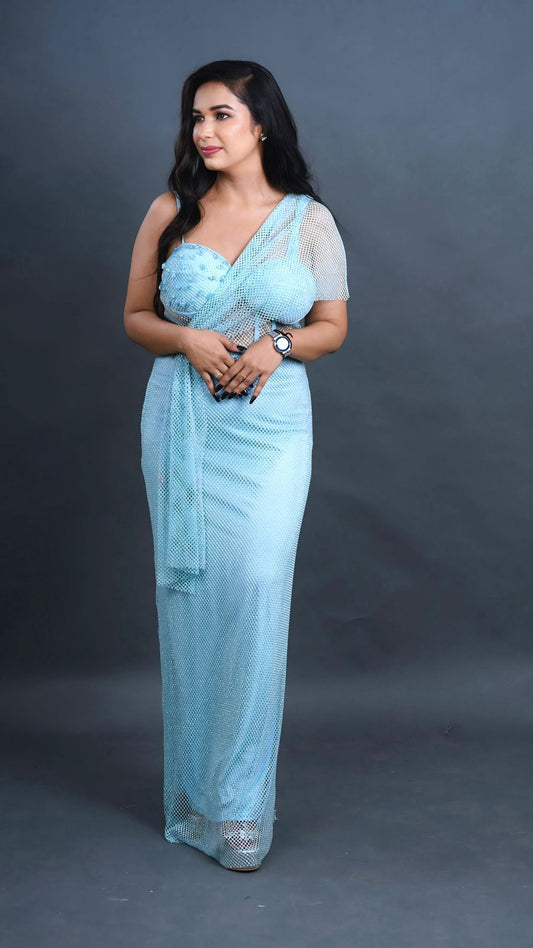 Sky blue diamond stone work party dress