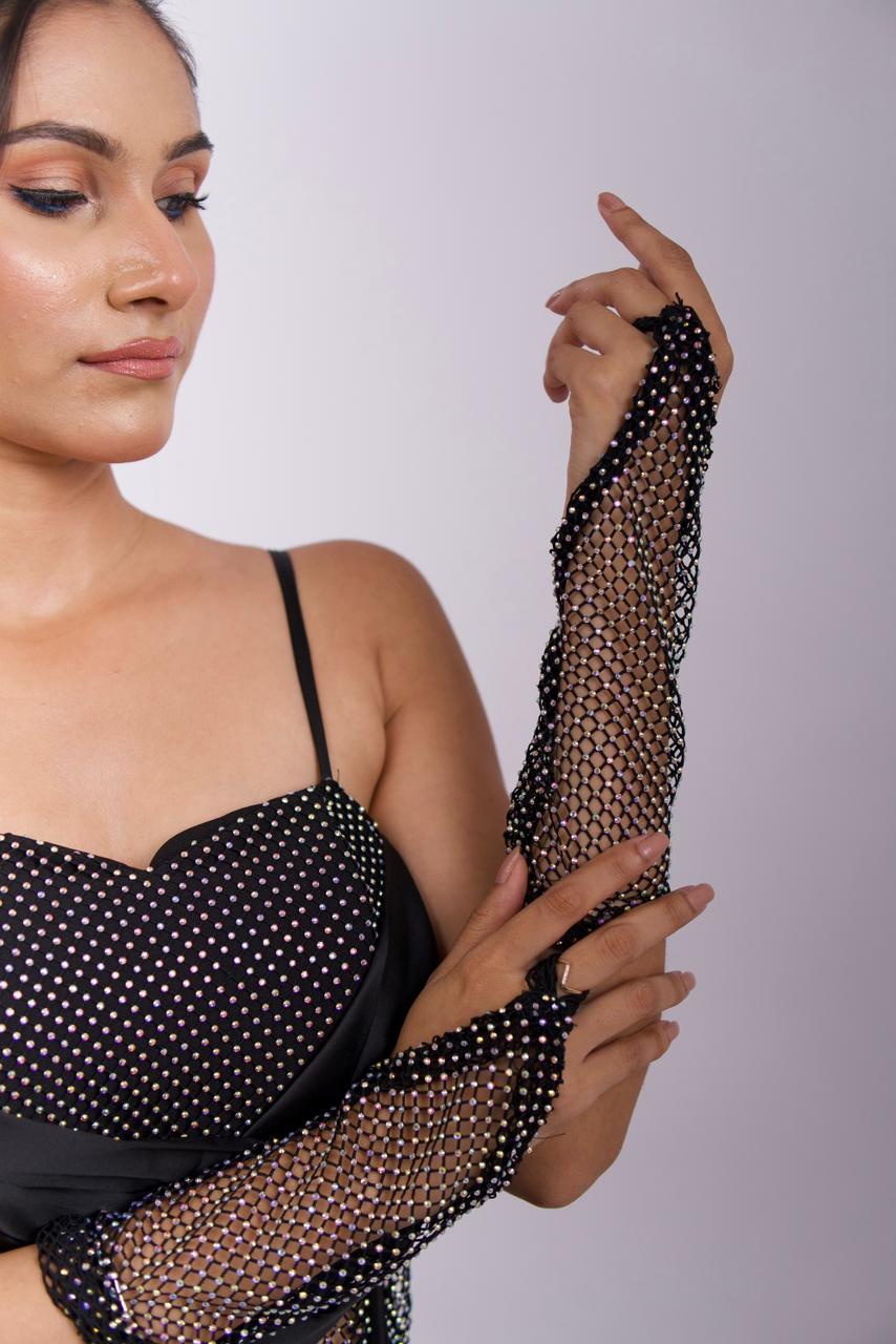 Black diamond party dress with gloves and socks