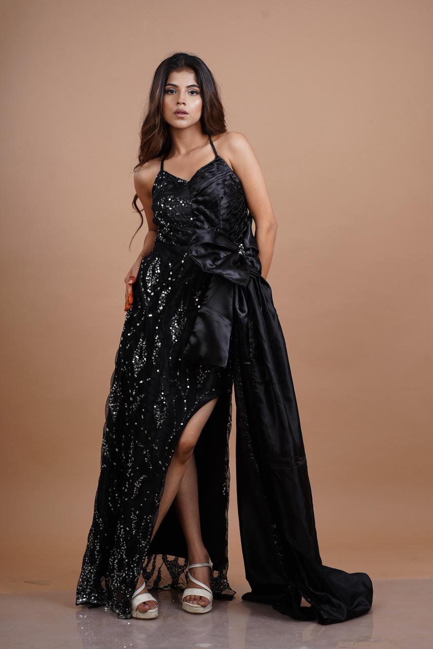 Black half & half slit dress